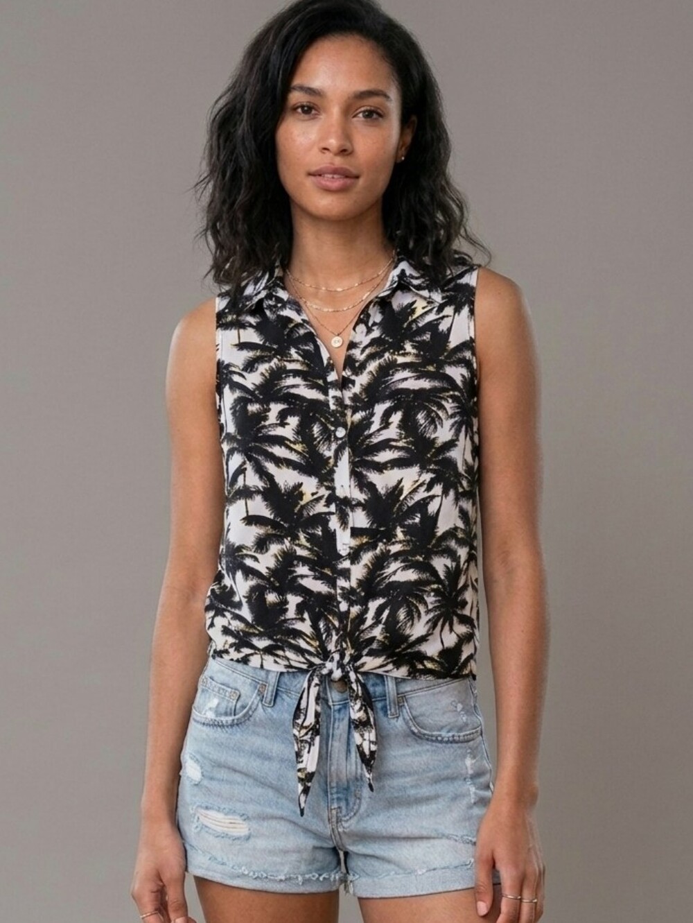 Tropical Palm Tree Tie-Front Tank Top, Y2K Boho Style, Size M